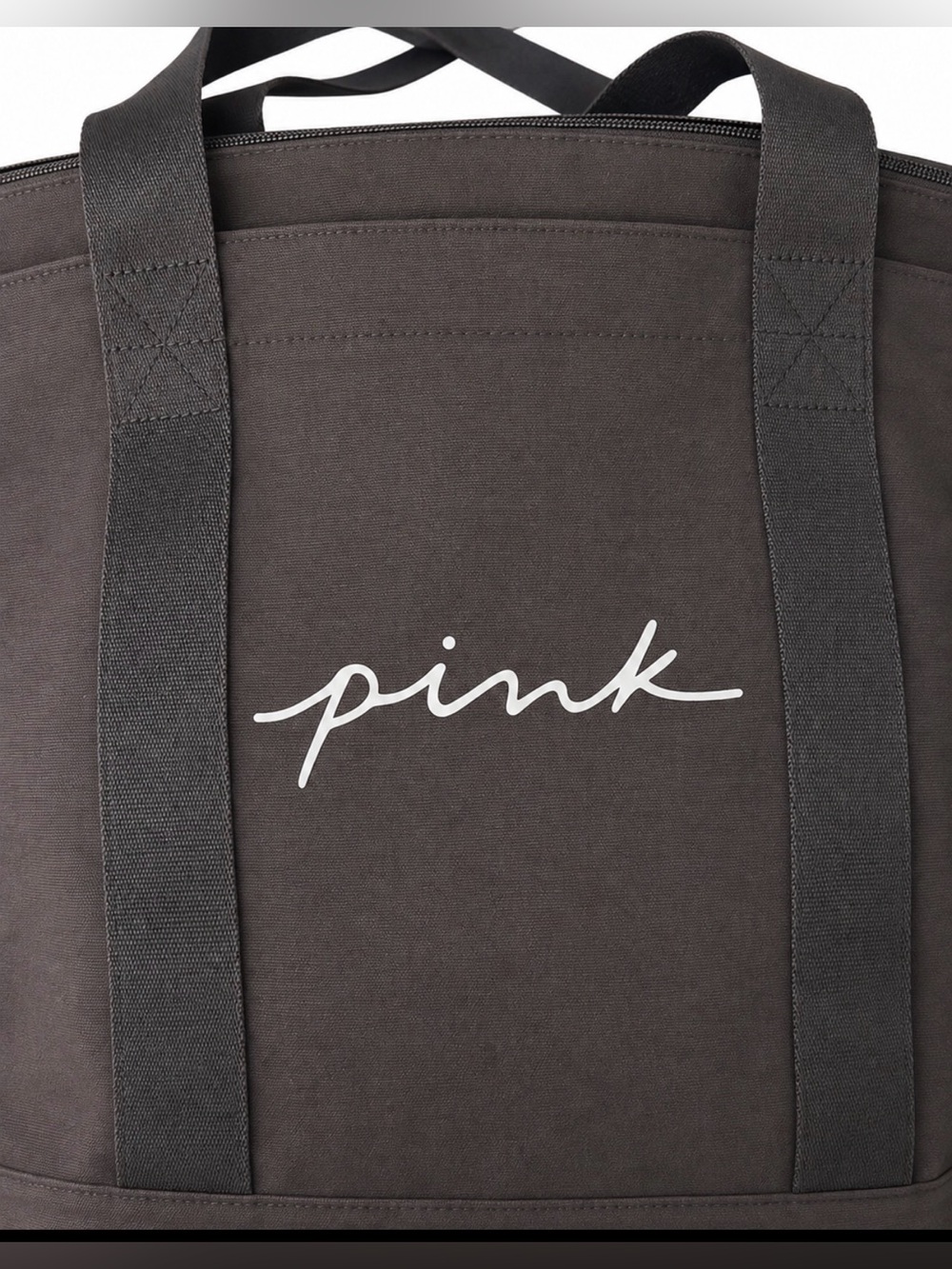 PINK Victoria's Secret Charcoal Gray Canvas Duffel with White Logo acid wash.